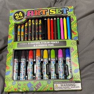 24 piece art set with crayons, color pencils, and markers